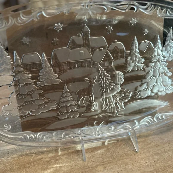 Clear Glass Winter Scene Girl with Christmas Tree and Deer Cookies Platter - Picture 9 of 10
